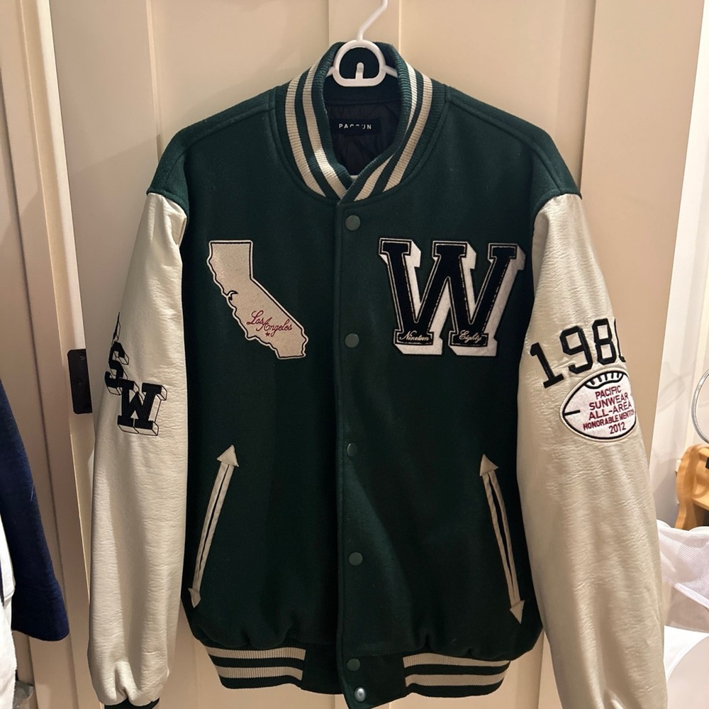 PacSun Green and Cream Social Varsity Jacket